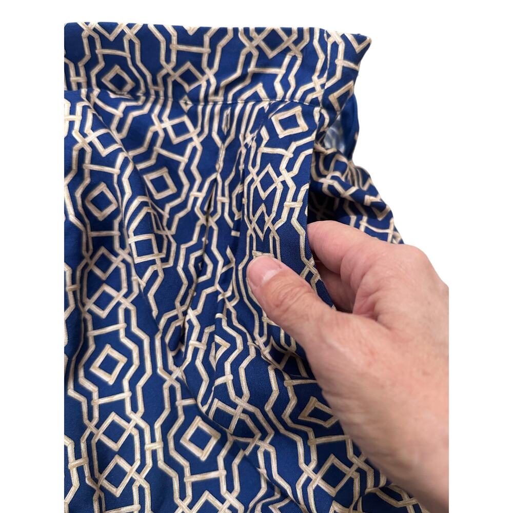 J.McLaughlin Silk Blend Geometric Wide Leg Pull On Pants Navy Tan Quiet Luxury 8 - Picture 4 of 11